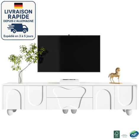 MODFU-Meuble TV 180cm avec rangement, 4 portes et 2 tiroirs, meuble télé salon chambre, 180x40x42cm, blanc