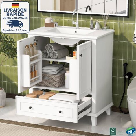 MODFU - Mobile da bagno con lavabo, 2 ante e 1 cassetto, resistente all'umidità, senza rubinetto, MDF, 76x46x87cm, bianco