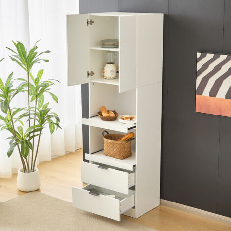 MODFU Mobile da cucina, cassettiera per cucina 59,5x45x200cm con 2 cassetti 2 ante, mobile alto, sala da pranzo/soggiorno, MDF, bianco