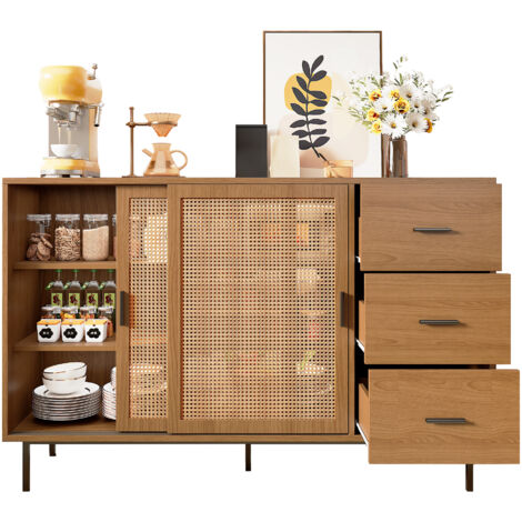 MODFU Mobile da cucina, mobile per ingresso/soggiorno, 3 cassetti e 2 ante con ripiani regolabili, 140×37×91 cm, marrone