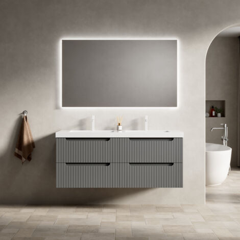 MODFU - Mobile lavabo sospeso con lavabo integrato, 120 cm, vasca rettangolare, 4 cassetti con chiusura ammortizzata, resina bianca, bianco/grigio