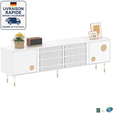 MODFU - Mobile TV a 4 ante con contenitore, mobile basso, adatto per soggiorno e camera da letto, 5 gambe, 170×36×54cm, MDF, bianco