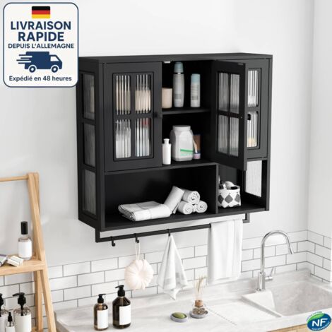 MODFU - Mobiletto da bagno sospeso con 3 ante in vetro, armadio a giorno, 88×26×82,5 cm, MDF, nero