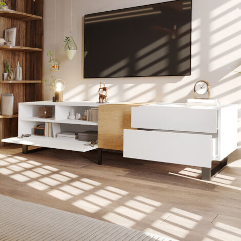 MODFU Mueble de TV blanco con 1 puerta y 2 cajones, estilo sencillo, aglomerado, 180x50x38cm