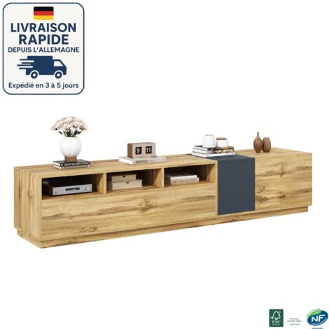 MODFU-Mueble de TV de 200 cm con almacenaje, compartimentos abiertos y pasacables, estilo rústico, mueble bajo para salón/dormitorio, color natural+negro