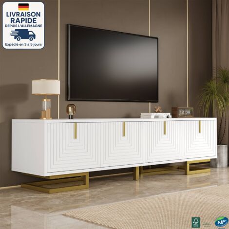 MODFU - Mueble de TV de 4 puertas con almacenaje, tiradores y patas dorados, mueble bajo para salón y dormitorio, 160×38×44cm, blanco