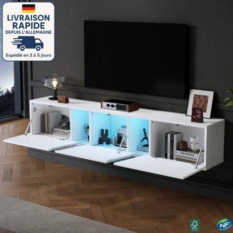MODFU - Mueble de TV de pared blanco con LED, 3 puertas, apto para TV de 75 pulgadas, 180×35×30cm