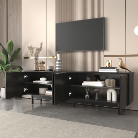 MODFU Mueble de TV negro con 4 puertas, diseño moderno, estantes regulables, estilo lujoso y ligero, MDF y tablero de partículas, 175x38x56cm