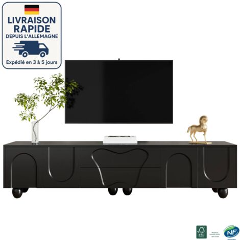 MODFU-Mueble TV 180cm con almacenaje, 4 puertas y 2 cajones, mueble TV salón dormitorio, 180x40x42cm, negro