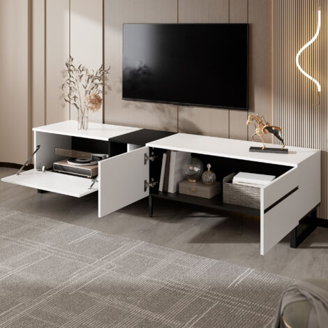 MODFU - Mueble TV bajo, puerta abatible hidráulicamente, estantes y puertas abiertas, paneles de madera, 180x38x45 cm, blanco