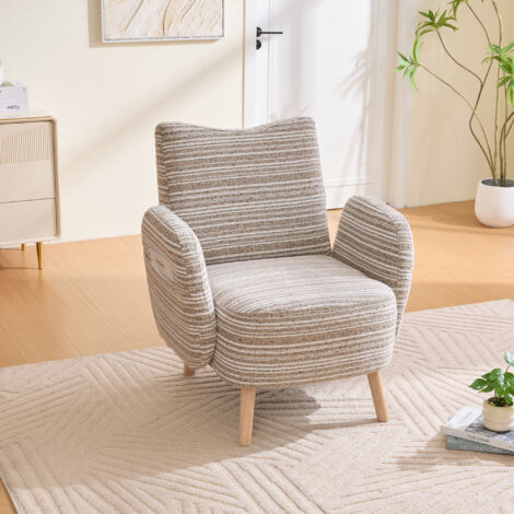 MODFU - Poltrona relax in tessuto a maglia, seduta imbottita con schienale ergonomico, tasca laterale, gambe in legno, portata 230 kg, 77×81×87 cm, color kaki