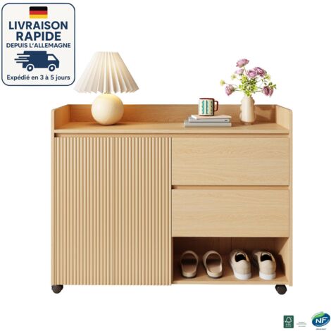 MODFU - Scarpiera su ruote, 2 ante 2 cassetti, con ripiani regolabili, mobile ingresso soggiorno, 110×35×86cm, naturale