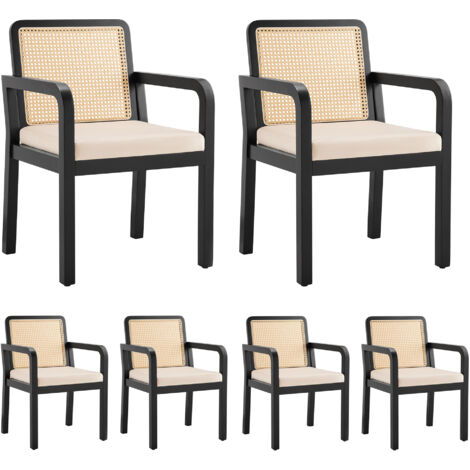 MODFU - Sedia in velluto, sedia da pranzo ergonomica, schienale in rattan intrecciato, gambe in legno di caucciù, 56x57x83 cm, nero - 6 pezzi