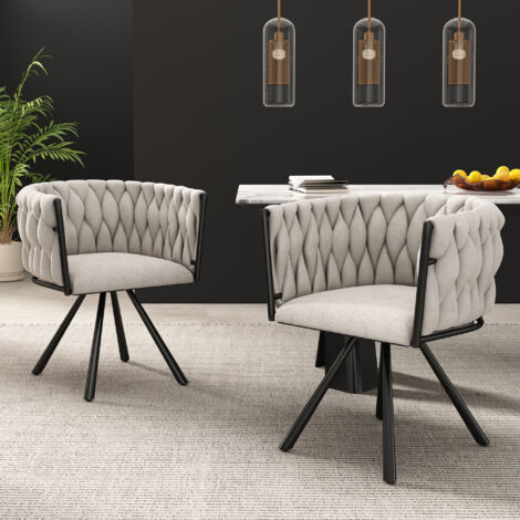 MODFU Sedie da pranzo, poltrona, sedie girevole, gambe in metallo, soggiorno/sala da pranzo/camera da letto - beige/nero, lino, 2 pezzi