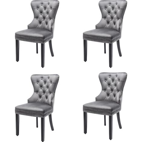 MODFU - Set di 4 sedie da pranzo per soggiorno/camera da letto, decorate con bottoni e rivetti, 50x54x97 cm, velluto grigio, gambe in legno