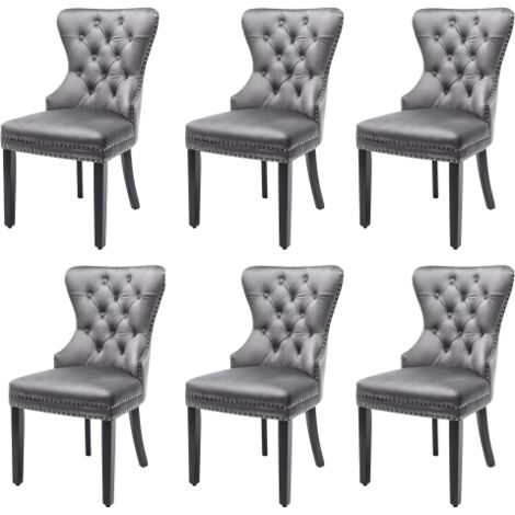 MODFU - Set di 6 sedie da pranzo per soggiorno/camera da letto, decorate con bottoni e rivetti, 50x54x97 cm, velluto grigio, gambe in legno