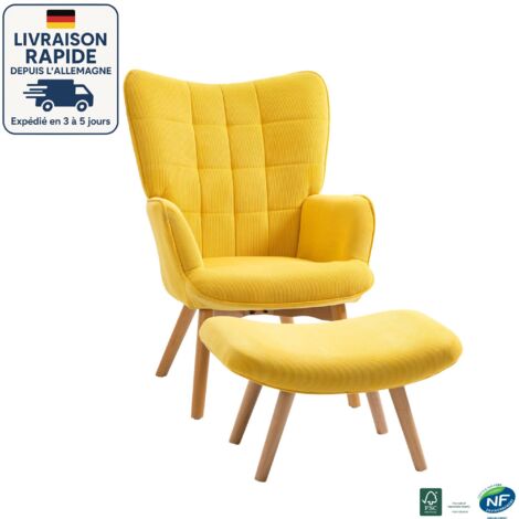 MODFU - Sillón con reposapiés, sillón tapizado para salón/dormitorio, patas de madera, fibra de poliéster, color amarillo