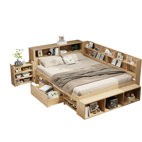 MODFU-Sofá cama 140x200cm, cama adulto, con mesita de noche, 1 cajón, puerto USB, madera contrachapada, sin colchón, color natural