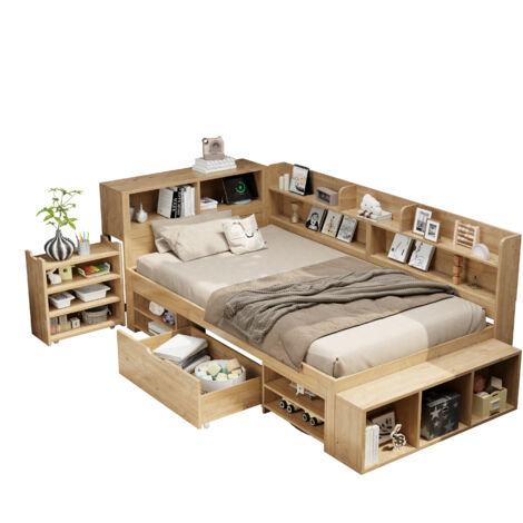MODFU-Sofá cama 90x200cm, cama individual infantil, con mesita de noche, 1 cajón, puerto USB, madera contrachapada, sin colchón, color natural