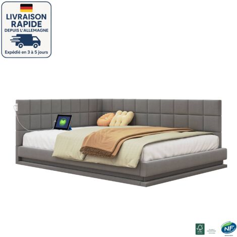 MODFU - Sofá cama adulto 160x200cm, tapizado, con LED, toma USB, somier de láminas, terciopelo, sin colchón, gris