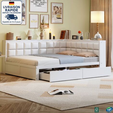 MODFU - Sofá cama adulto de madera 140x200cm con 2 cajones, somier tapizado, sin colchón, color blanco