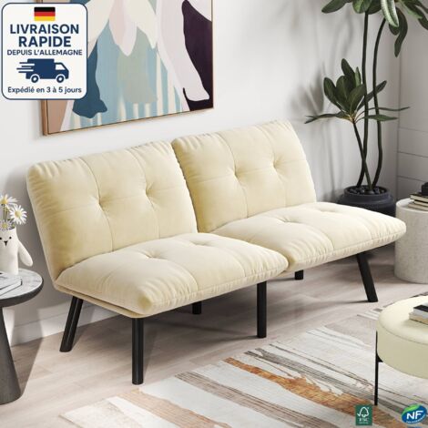 MODFU - Sofá cama de 2 plazas con respaldo regulable, sofá de salón tapizado, función sueño, terciopelo, beige
