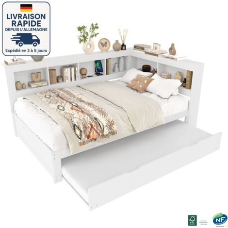 MODFU - Sofá cama de madera 140×200/90×190cm con cama nido, cama para adultos, puerto USB y enchufe, somier de láminas, sin colchón, blanco