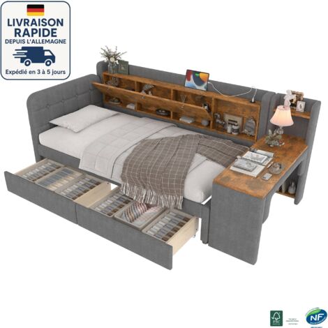 MODFU - Sofá cama infantil 90×200cm con 2 cajones, almacenaje y escritorio, USB+Tipo C, somier de láminas, sin colchón, lino, gris