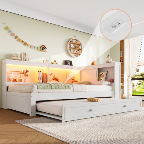 MODFU - Sofá cama infantil 90x190/200 cm de madera, cama nido con LED, puerto USB + Tipo C, sin colchón, blanco