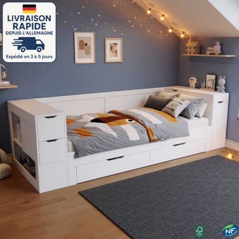MODFU - Sofá cama infantil 90x200cm, con cajones y 1 mesita de noche, cama juvenil, sin colchón, MDF, blanco