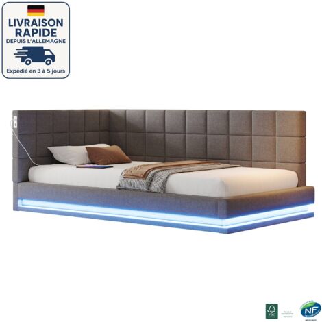 MODFU - Sofá cama infantil 90x200cm, tapizado, con LED, toma USB, somier de láminas, terciopelo, sin colchón, gris