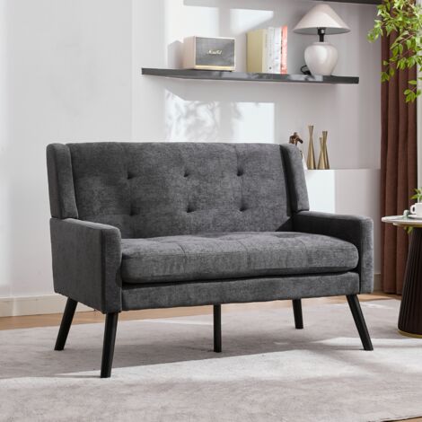 MODFU - Sofá capitoné recto de 2 plazas, asiento de espuma de alta densidad, patas de madera antideslizantes, 119×75×88 cm, lino gris