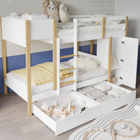 MODFU Struttura letto a castello, letti per bambini 90x200cm con 2 cassetti 2 mobili contenitori, legno e MDF, bianco/naturale