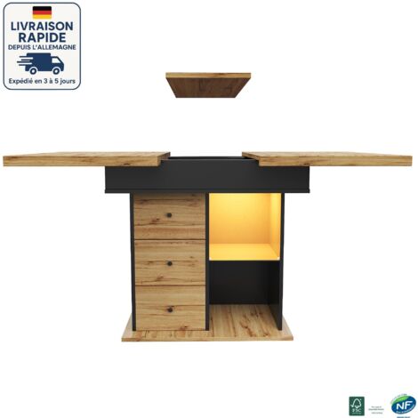 MODFU - Table à manger extensible pour 4-6 personnes 110-140×80cm avec rangement, table de cuisine et de salon, MDF, 2 tiroirs 1 étagère, naturel+noir