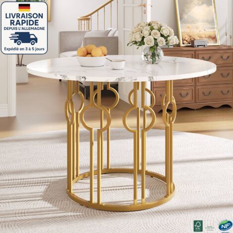 MODFU - Table à manger ronde pour 4 à 6 personnes, placage marbre, pieds en métal, table de cuisine et de salon, MDF, 100×100×76cm