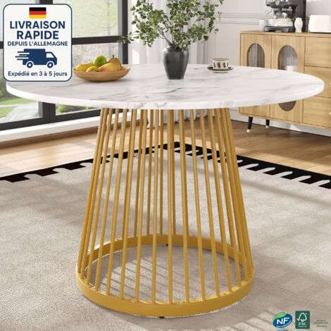 MODFU - Table à manger ronde pour 4 personnes, table de salon de cuisine, MDF, 80×80×76cm, pieds en métal, blanc+or