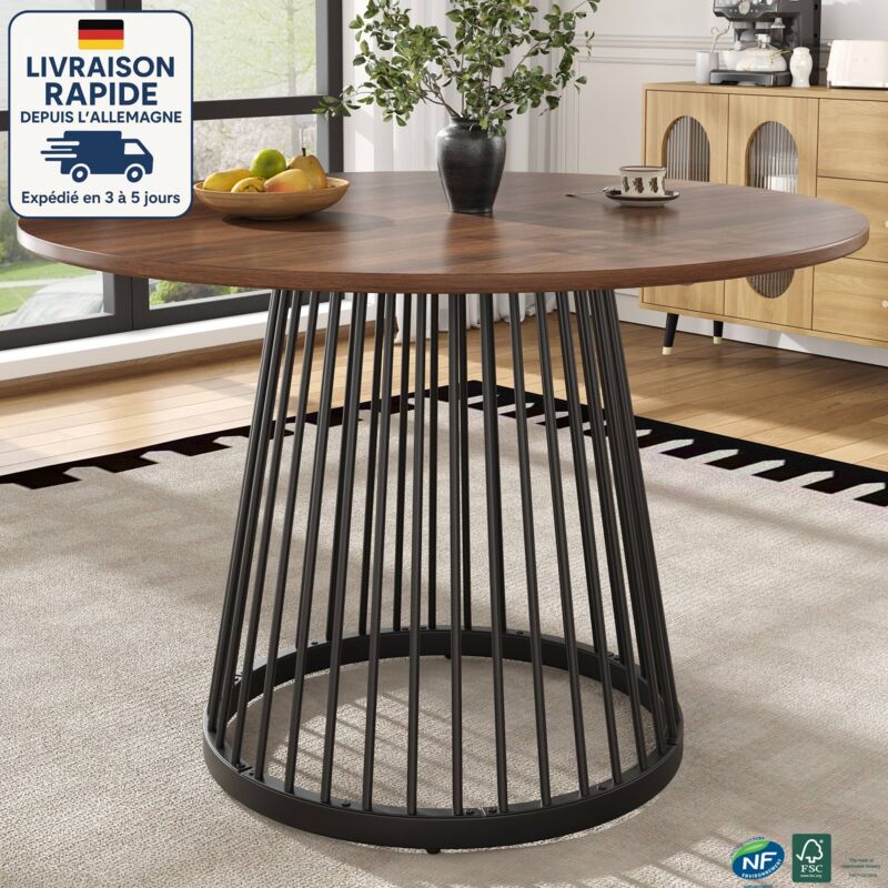 MODFU - Table à manger ronde pour 4 personnes, table de salon de cuisine, MDF, 80×80×76cm, pieds en métal, marron + noir