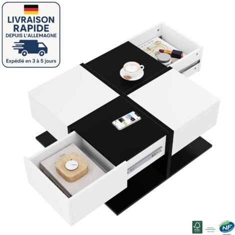 MODFU-Table basse carrée avec rangement, 2 tiroirs, table d'appoint de canapé, salon/chambre, 70×70×35,5 cm, blanc+noir