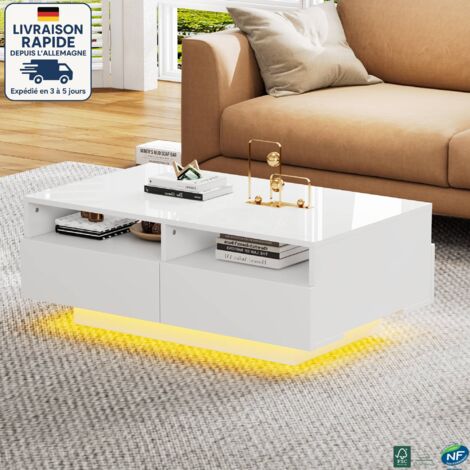 MODFU - Tavolino da caffè bianco lucido con LED, tavolino rettangolare per camera da letto e soggiorno, 4 cassetti, 90x55x35 cm