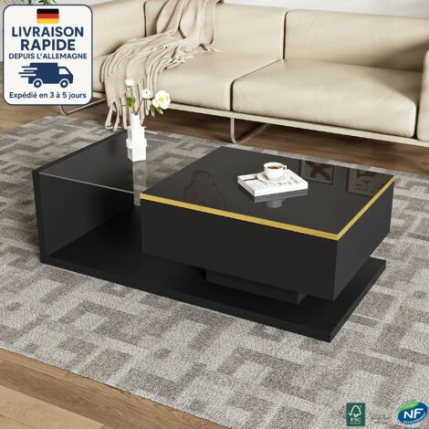 MODFU - Tavolino da caffè in vetro a LED con vano portaoggetti aperto, tavolino laterale per soggiorno e camera da letto, 100x50x32 cm, nero