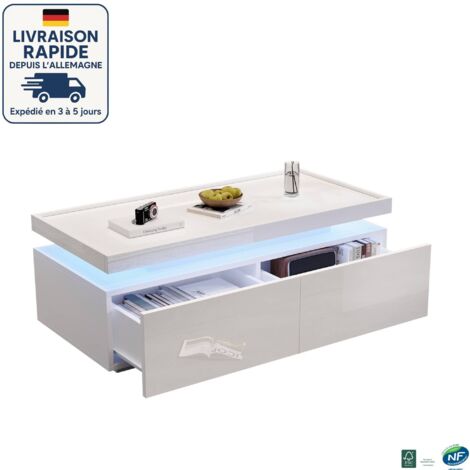 MODFU - Tavolino da caffè rettangolare a LED con 2 cassetti, tavolino da divano lucido, adatto per soggiorno/camera da letto, 100×50×35 cm, bianco