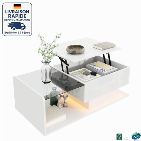 MODFU - Tavolino da caffè sollevabile a LED con contenitore, piano in vetro, tavolino laterale per divano, 100×50×33 cm, bianco