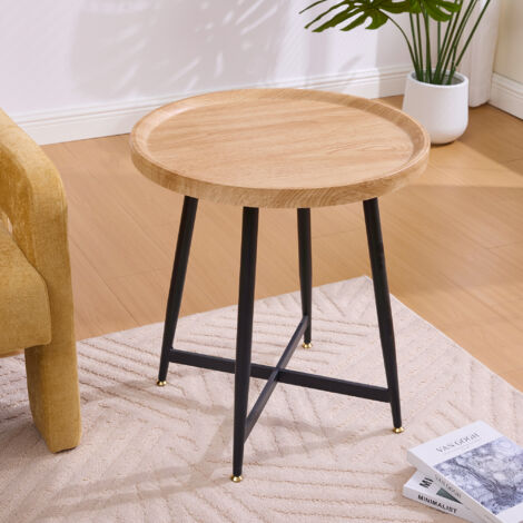 MODFU - Tavolino da caffè, tavolino laterale per divano da soggiorno e camera da letto, gambe in metallo, MDF, 55×55×60cm, rotondo, naturale