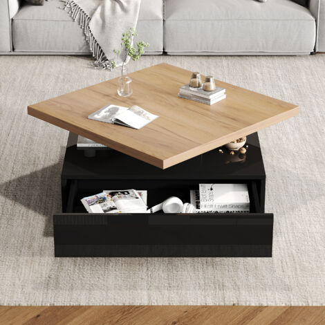 MODFU - Tavolino fisso rettangolare 70x70x36cm, piano girevole a 360°, 1 cassetto, truciolare, colore nero e naturale