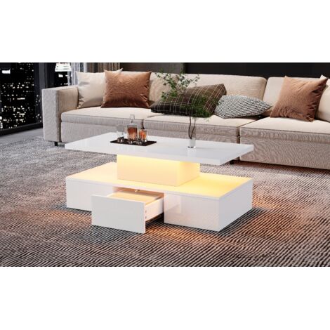 MODFU - Tavolino rettangolare 100×50×39cm, con LED, 1 cassetto, stile moderno minimalista, tavolo da soggiorno/camera da letto, bianco