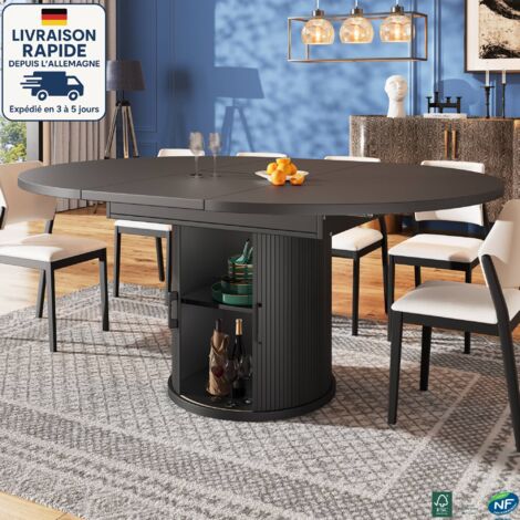 MODFU - Tavolo da pranzo rotondo estensibile per 4-6 persone con spazio di archiviazione, tavolo da cucina per soggiorno, 1 ripiano e 2 ante, nero