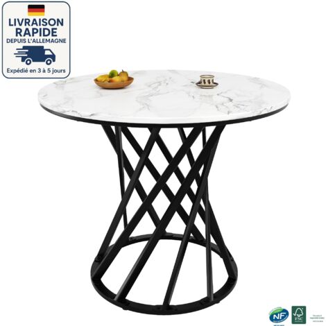 MODFU - Tavolo da pranzo rotondo per 4 persone, tavolo da cucina e soggiorno, MDF, 80×80×76 cm, gambe in metallo, bianco+nero