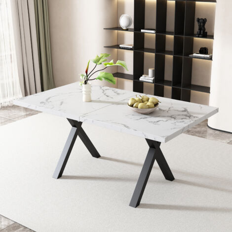 MODFU - Tavolo rettangolare 140 x 80 x 76 cm, gambe incrociate, MDF e metallo, marmo bianco, stile moderno