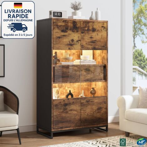 MODFU - Vetrina a 2 ante e 2 cassetti con LED, pensile da cucina, mobile contenitore, MDF, 80×40×138cm, marrone