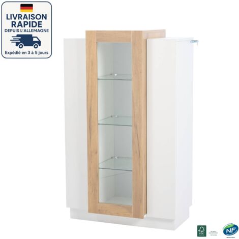 MODFU - Vetrina LED in vetro da 120 cm con 3 ripiani, unità di archiviazione, 74×40×120 cm, bianco + naturale